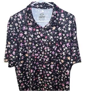 Kaipar Mens Large Black Floral AOP Performance Stretch Comfort Polo Shirt Golf